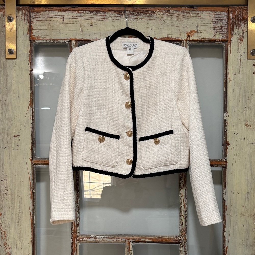 Rachel Zoe Cream Tweed Cropped Blazer with Black Trim